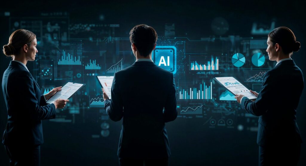 Profissionais analisando dashboards digitais com gráficos e ícone de AI, representando o uso de IA para empresas na otimização de processos e tomada de decisão.