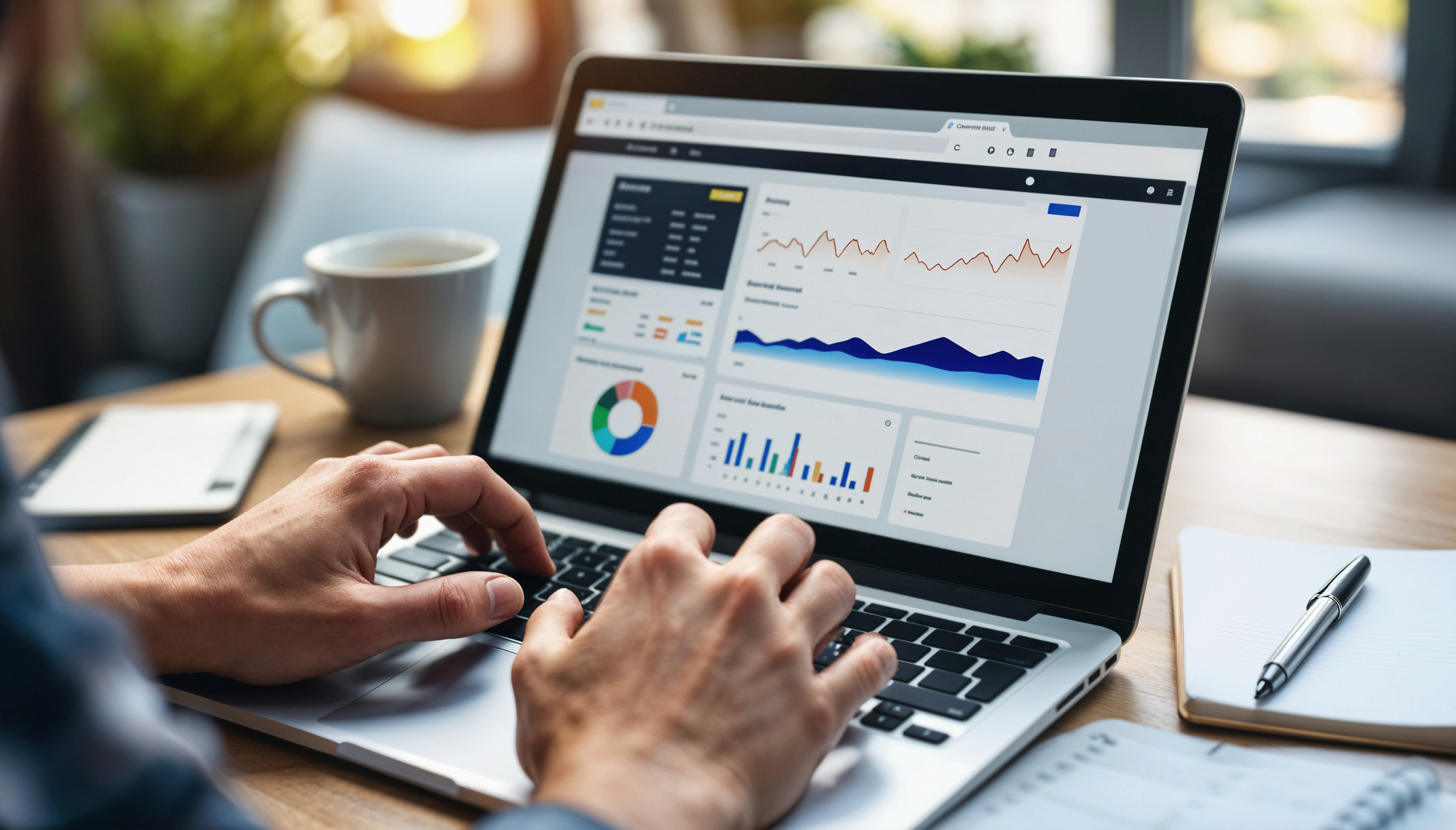 Pessoa usando notebook com dashboard BI exibindo gráficos, KPIs e indicadores de desempenho.
