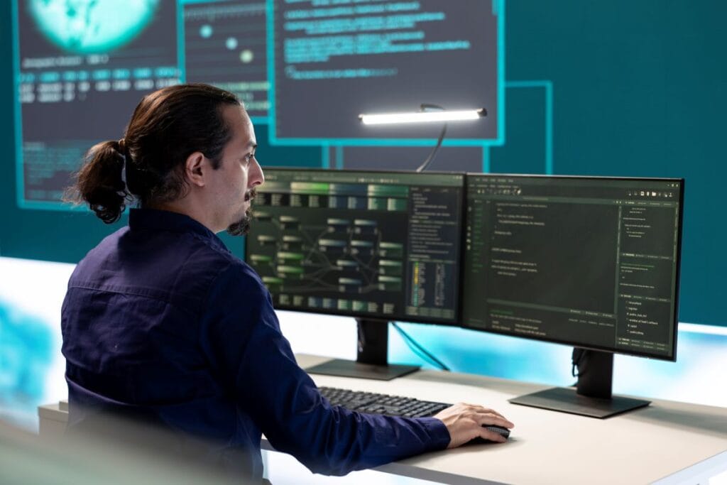 Profissional de tecnologia analisando códigos e sistemas em monitores, representando segurança no desenvolvimento de sistemas.